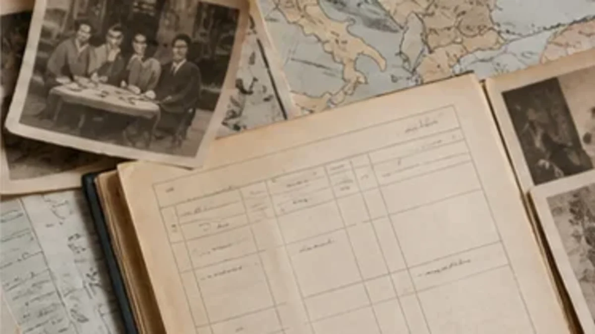 Historical map, family photographs and blank genealogical records arranged together