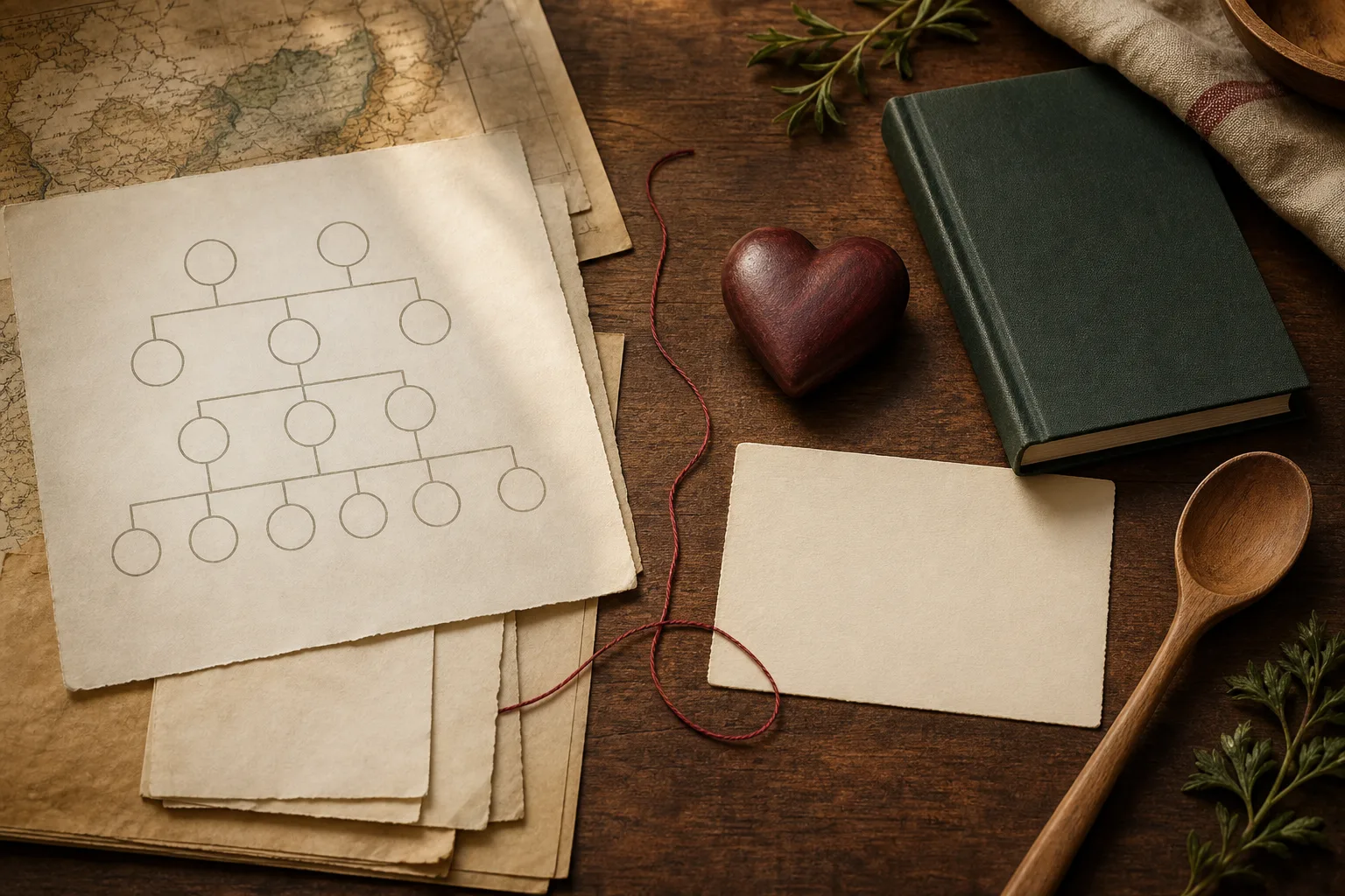 Blank family-tree papers connected by a red thread to a keepsake, notebook and wooden spoon