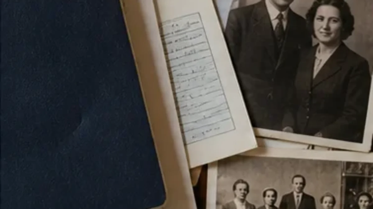 Plain passport-style booklet, civil forms and family photographs arranged separately