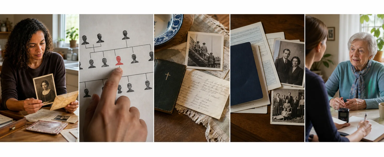 Five scenes showing a grandchild, family tree, heirlooms, records and an oral-history conversation