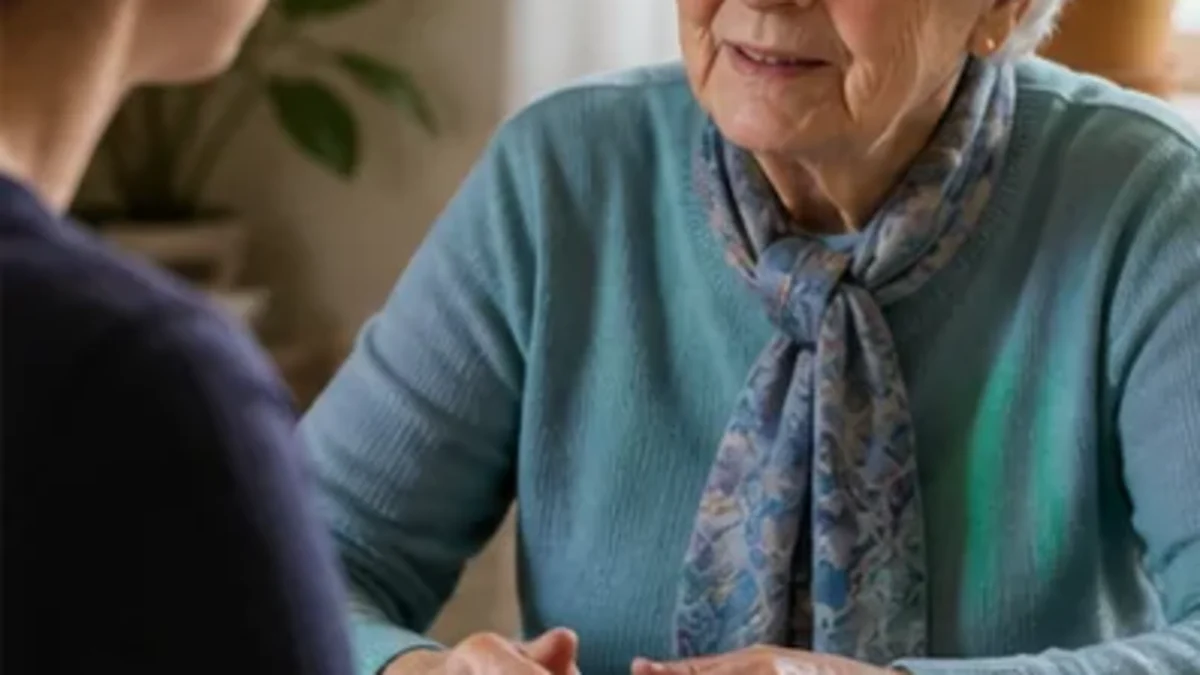 Adult interviewing an older relative at a kitchen table with a small audio recorder