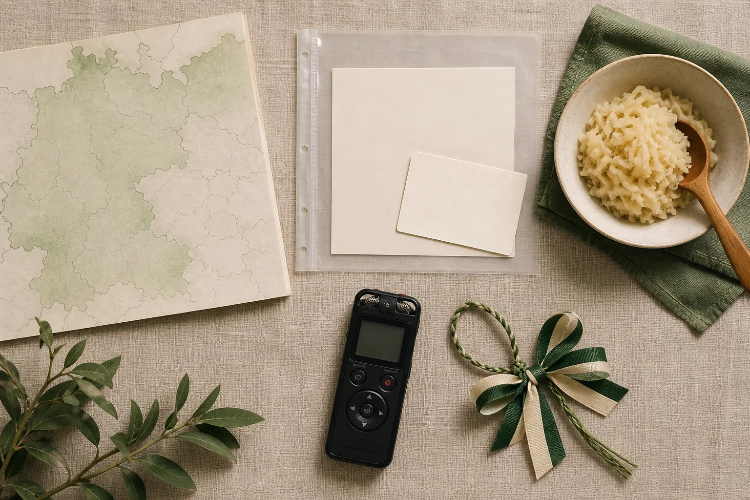 Map, blank archive sleeve, food bowl, audio recorder and craft ribbon arranged as five heritage pathways