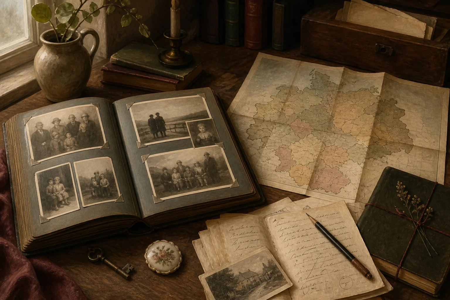 Family photographs, letters and a notebook grouped as a small archive