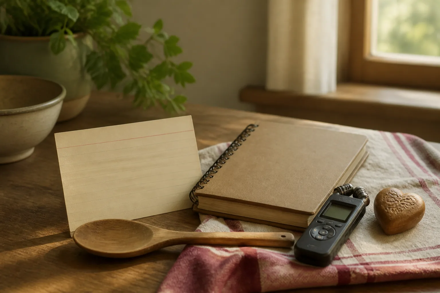 Blank recipe card, wooden spoon, audio recorder and keepsake arranged on a family notebook