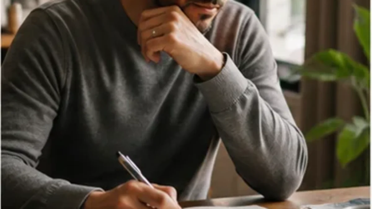 Adult writing in a notebook beside family photographs and records