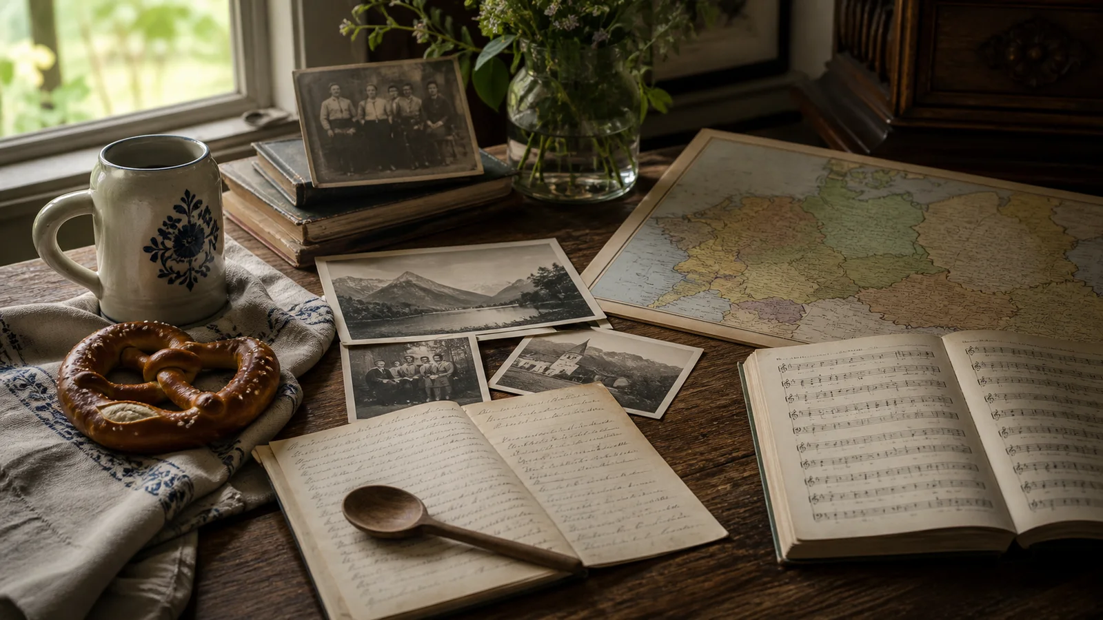 Festival objects beside family photographs, a regional map, a handwritten recipe and choral music