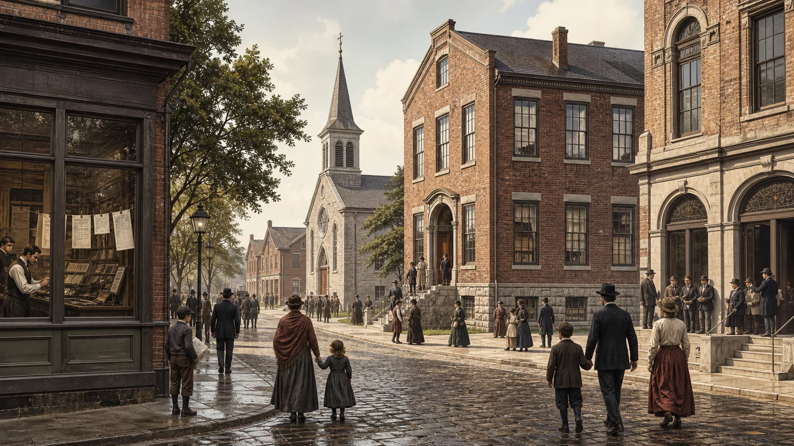 Illustrated nineteenth-century neighborhood with church, school, newspaper office and community hall