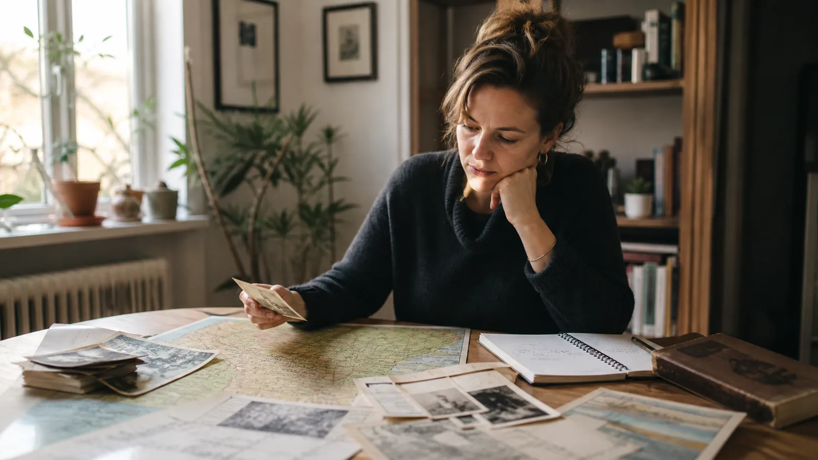 Woman studying family photographs and a regional map at a home table