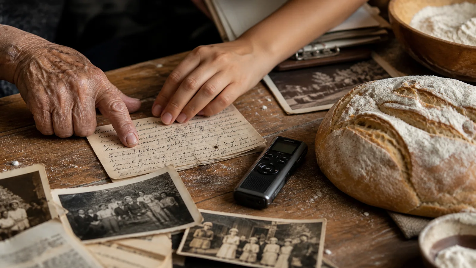 Older and younger hands sharing a recipe card beside bread, photographs and an audio recorder