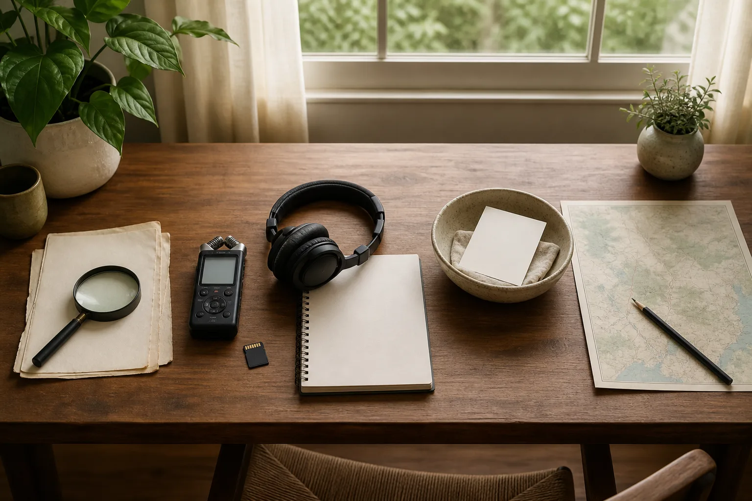 Family document, audio recorder, headphones, recipe card and map arranged as five learning goals