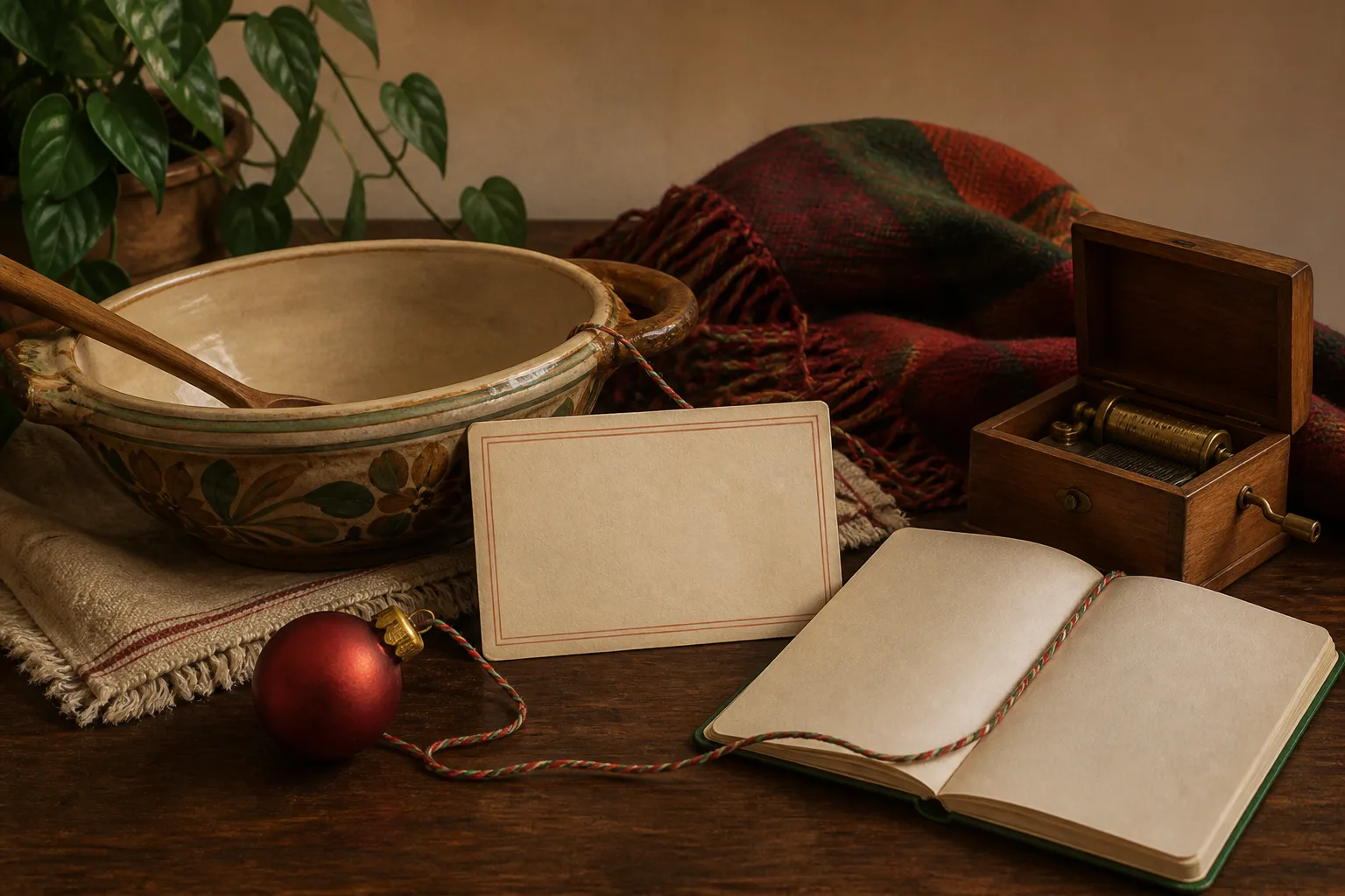 Food bowl, blank family card, small music box and ornament arranged as lived heritage practices