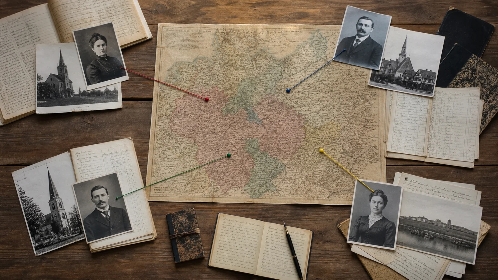 Antique Central European map surrounded by family portraits and archival records