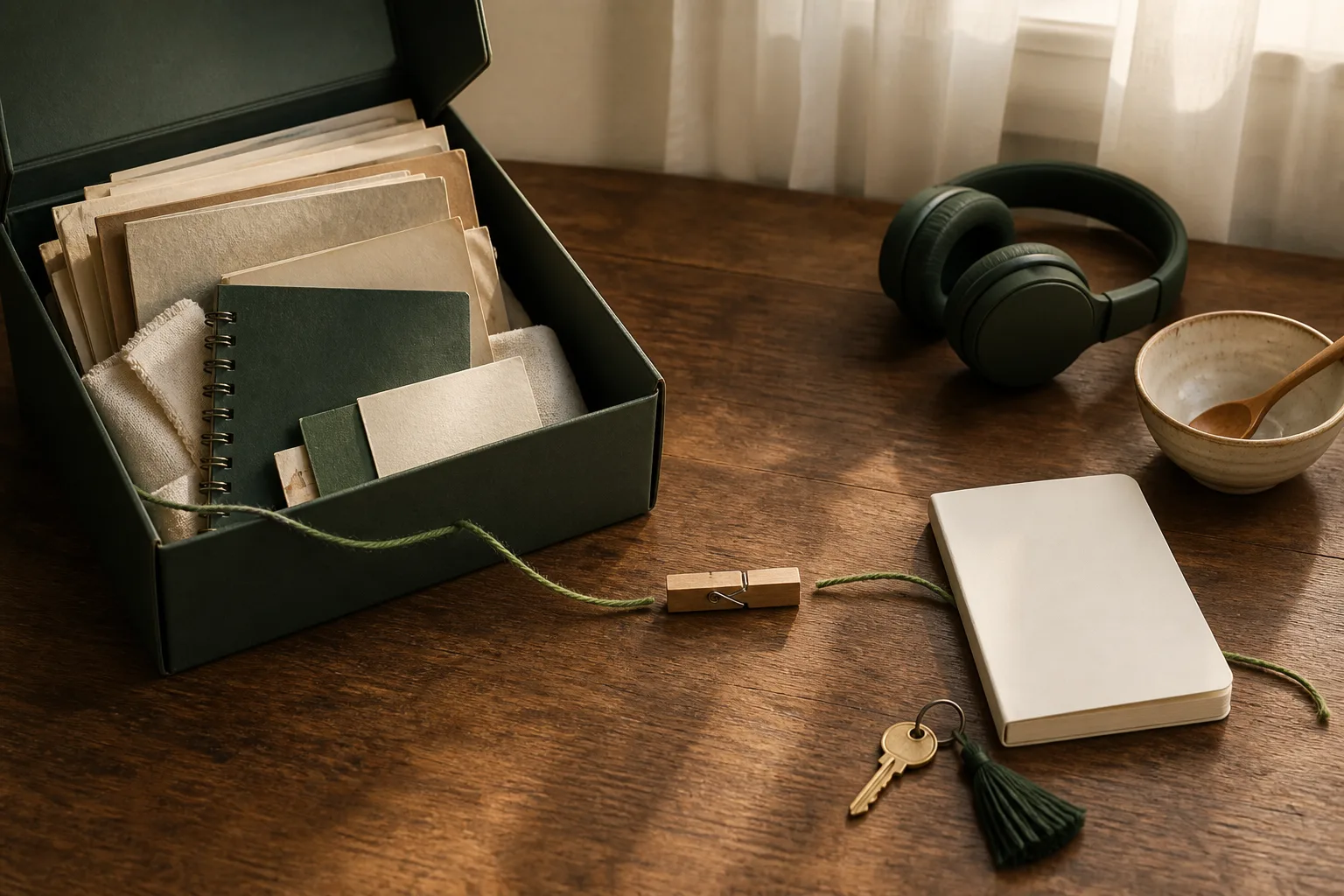 Family archive box connected across a small thread gap to a modern notebook, headphones and house key