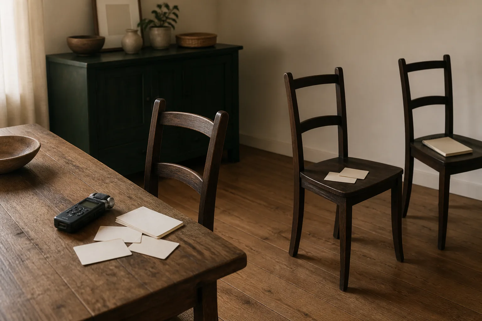 Three empty chairs with fewer blank word cards and a school notebook across the room