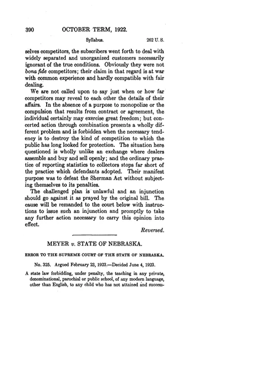 First page of the 1923 United States Supreme Court opinion in Meyer v. Nebraska