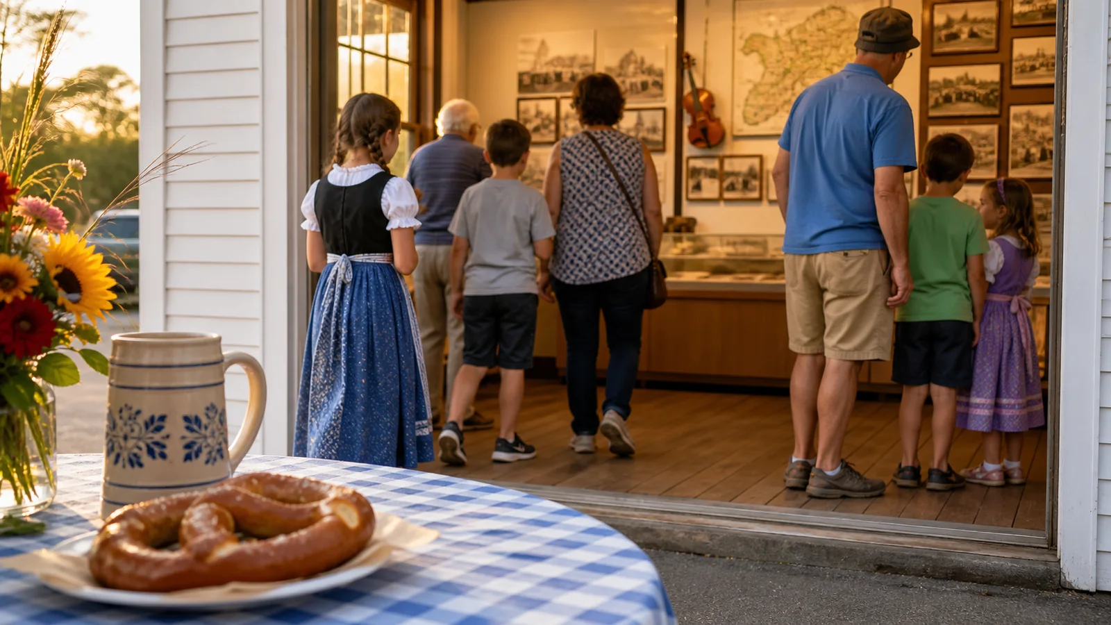 Oktoberfest table detail in front of families visiting a local heritage exhibit