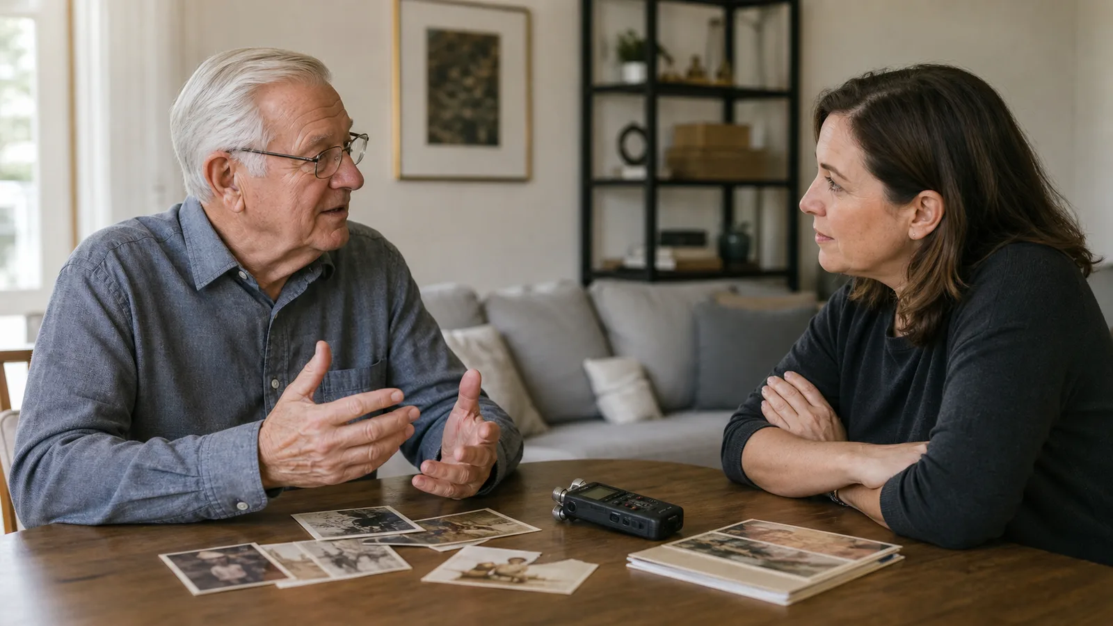Older man speaking with an adult relative beside an audio recorder and family photographs