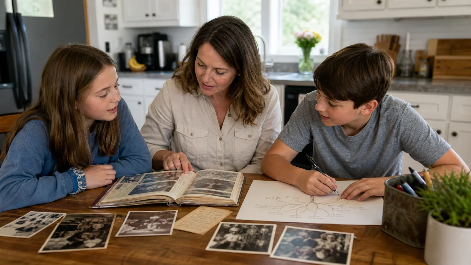Parent and two children building a family tree beside an old photo album