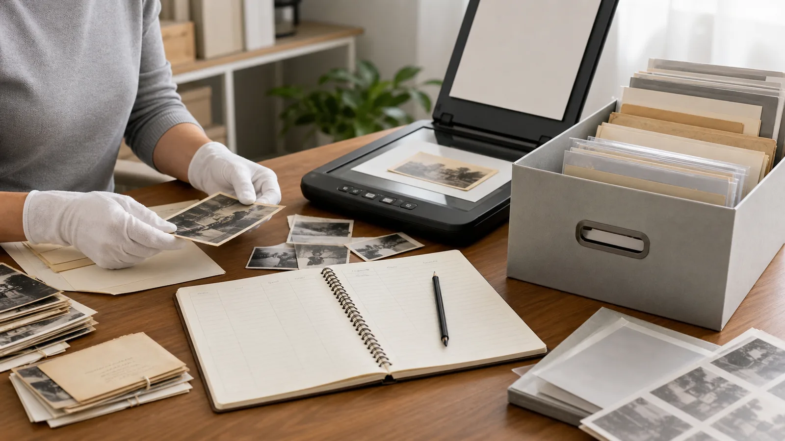 Family photographs being scanned, indexed and placed in archival storage