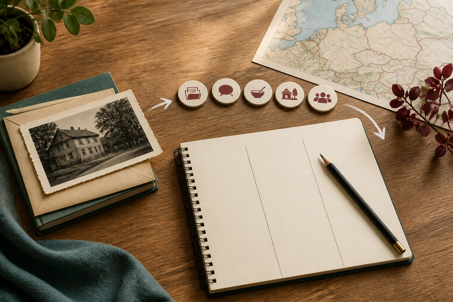 Family photograph, five pathway tokens, map and blank three-column notebook arranged as a research workflow