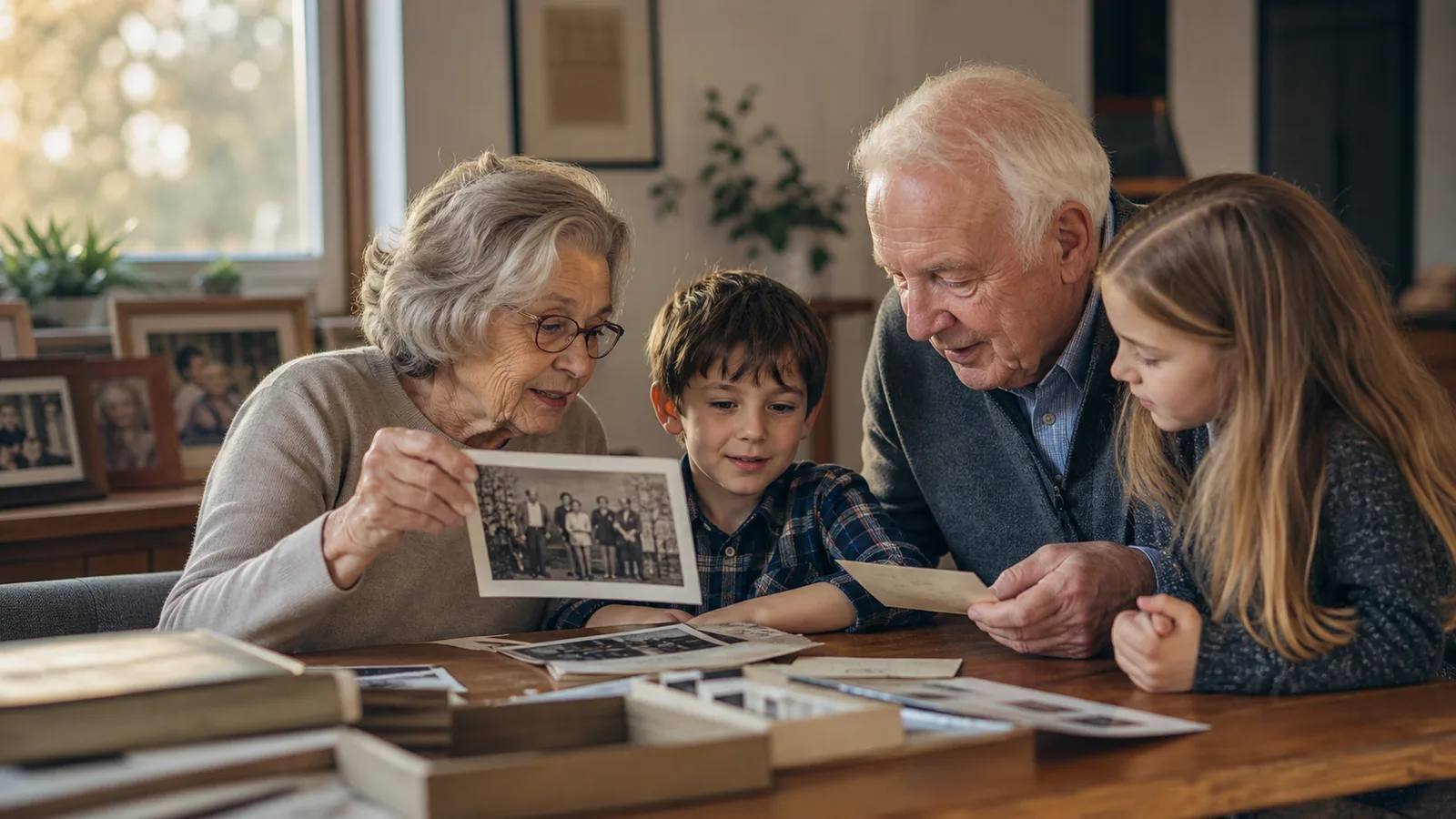 Grandparents sharing family photographs with two grandchildren at a table