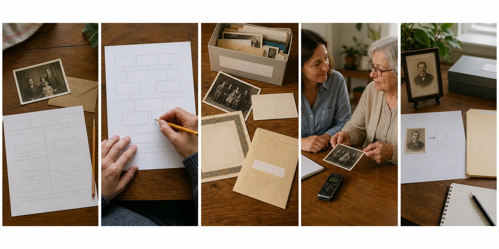 Five beginner research scenes showing a family snapshot, home sources, a relative interview and one next question