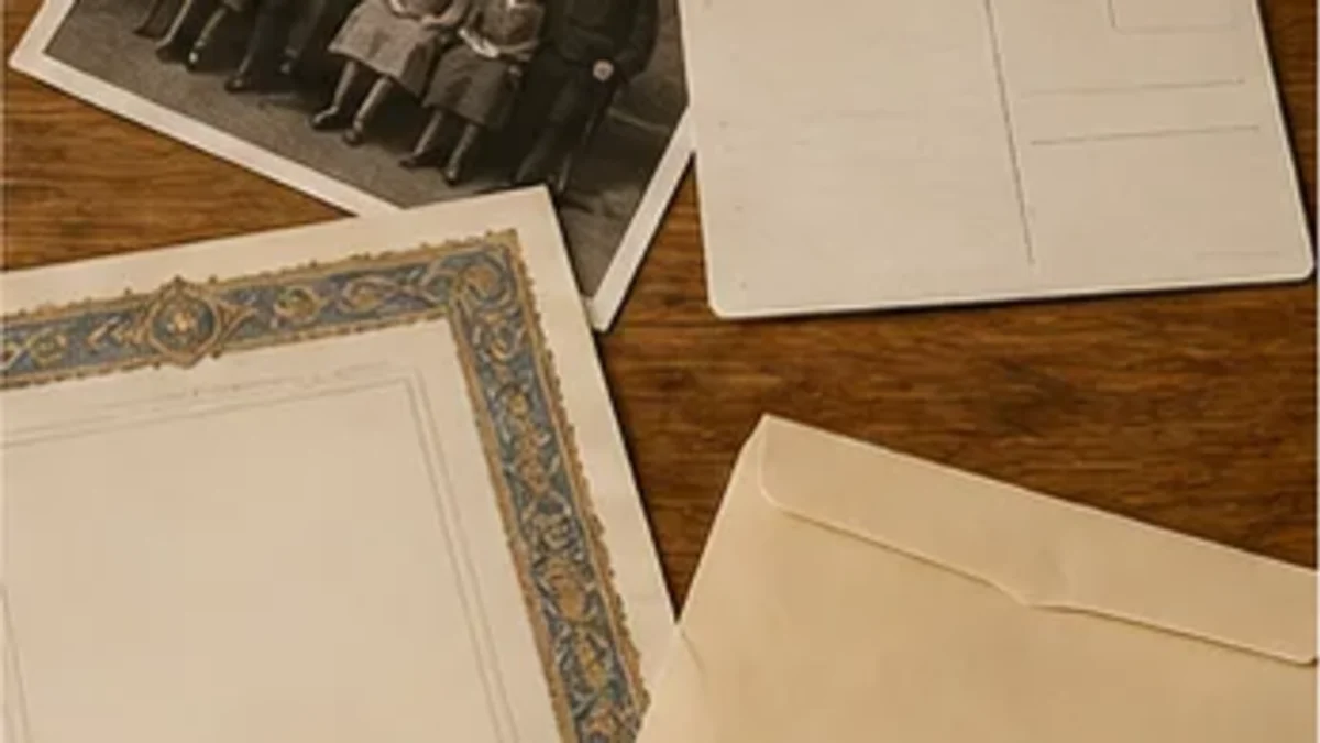 Photo box, old family photograph, postcard, blank certificate and envelopes on a table