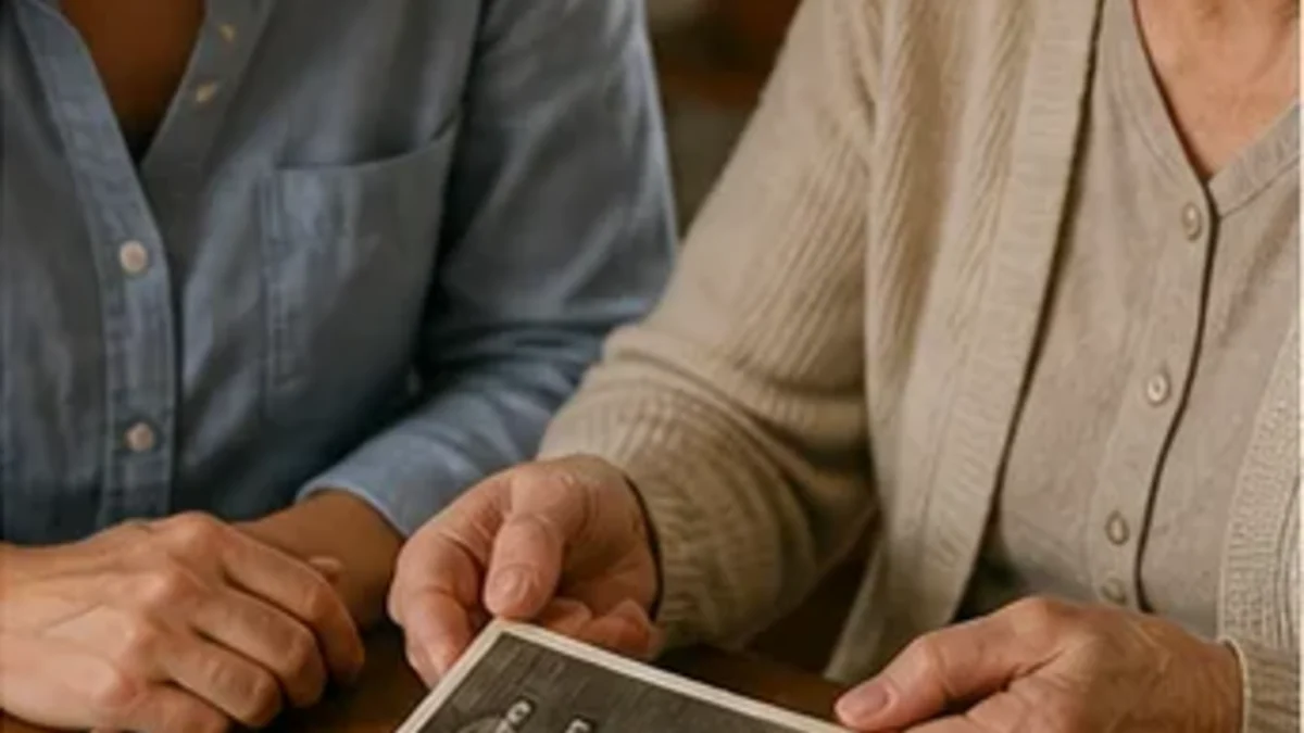 Adult and older relative identifying people in a family photograph beside an audio recorder