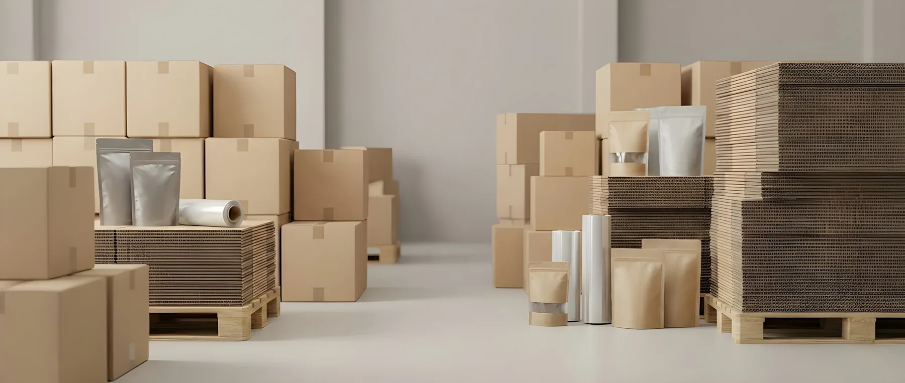 Cardboard shipping boxes and packing supplies arranged on warehouse shelving