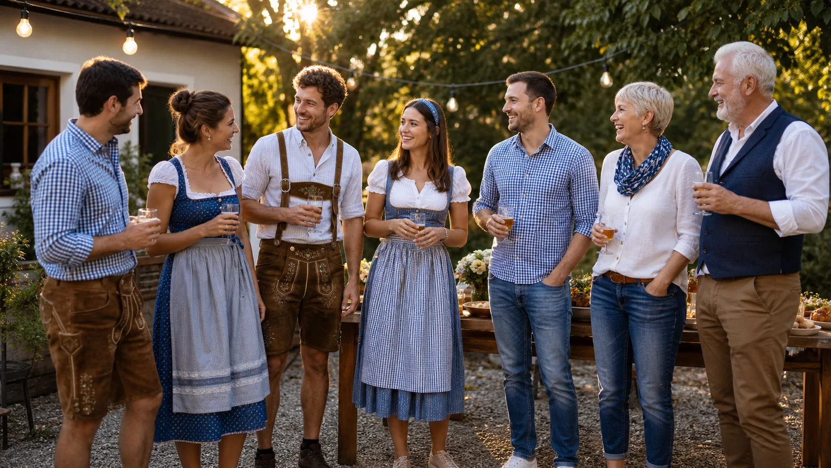 Mixed-age group wearing coordinated traditional and casual Oktoberfest outfits at a backyard gathering