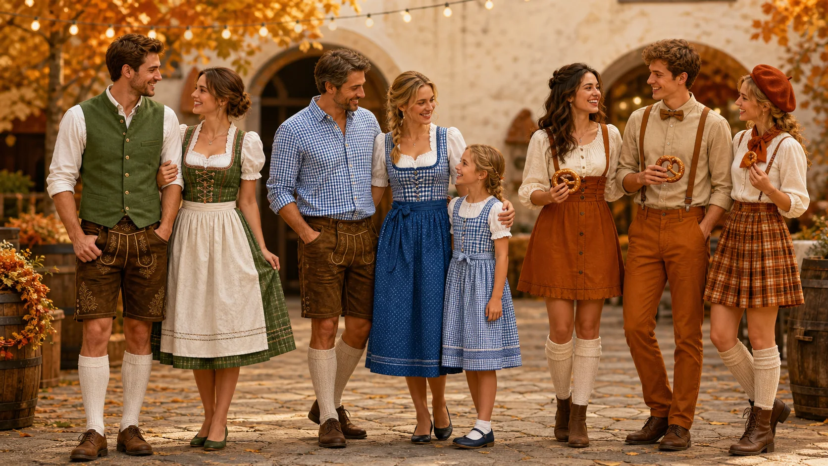 Couples, a family and friends comparing coordinated traditional and casual Oktoberfest looks