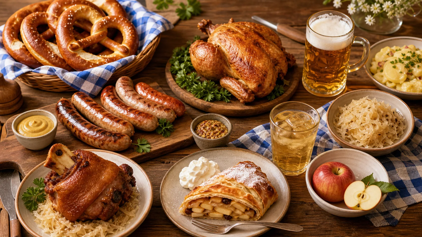 Shared Oktoberfest table with pretzels, roast chicken, sausages, pork knuckle, sides and apple strudel