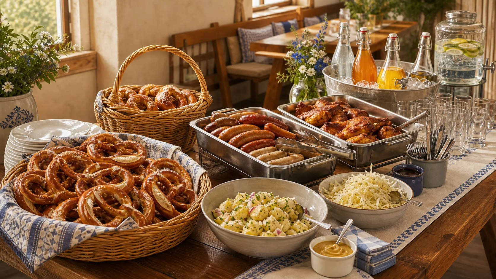 Oktoberfest buffet organized with pretzels, hot dishes, sides and alcohol-free drinks