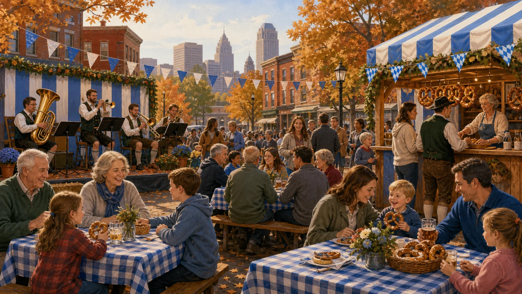 Families gathering at a German-American community Oktoberfest on an autumn city street