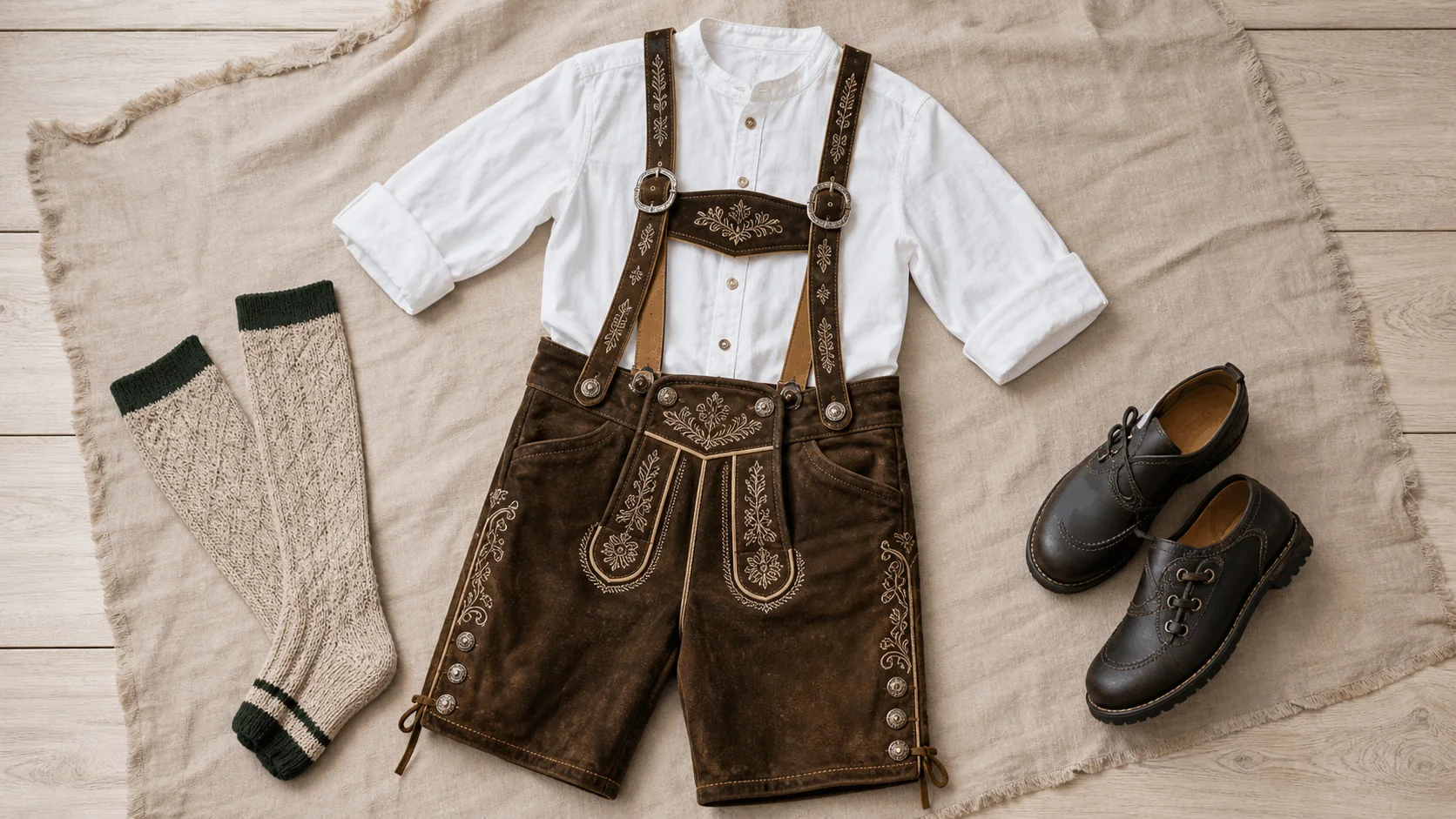 Generic complete lederhosen outfit arranged with a white shirt, suspenders, knee socks and side-laced shoes