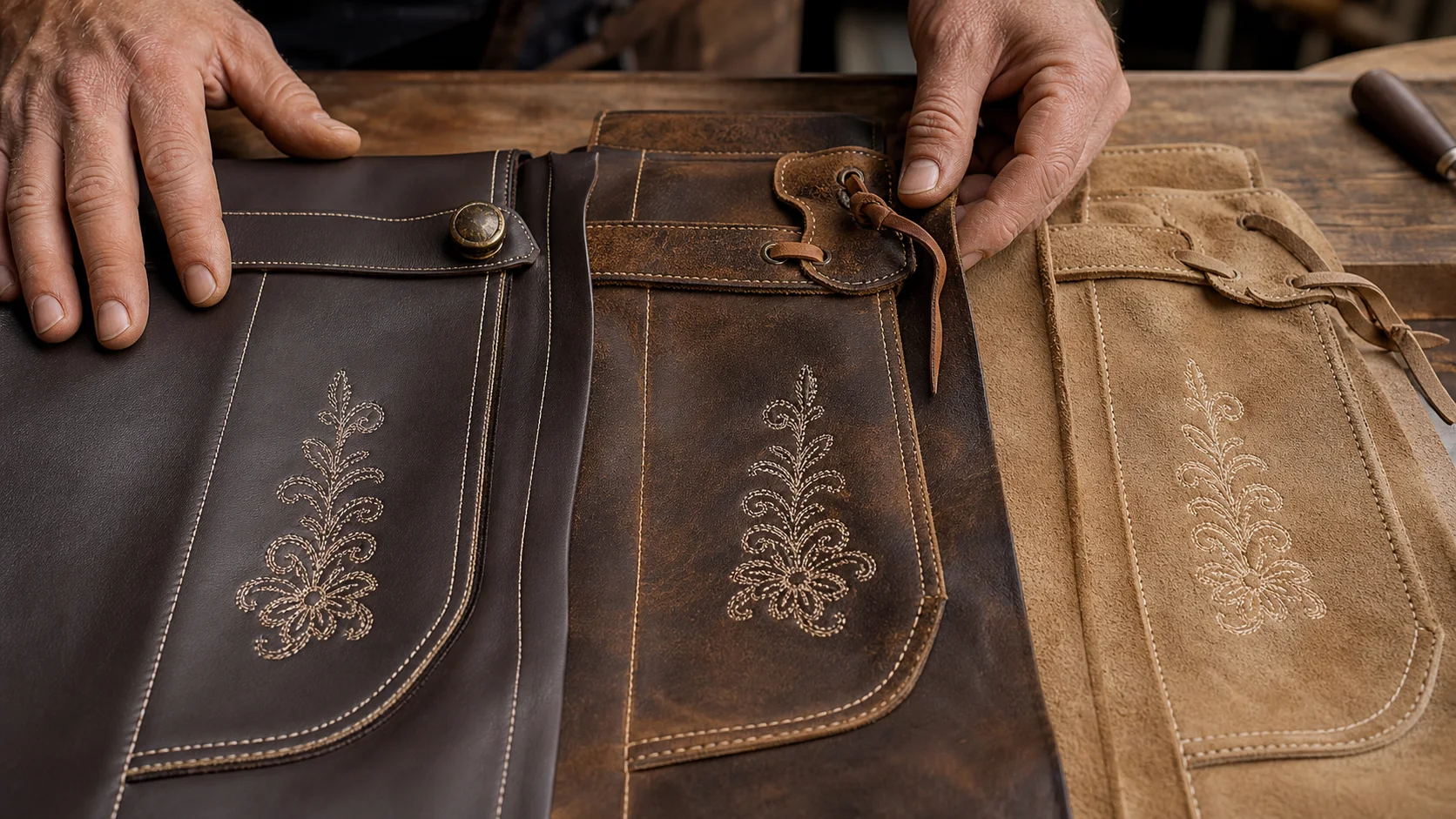 Three generic leather materials with visible stitching, embroidery, hardware and lacing on a workbench