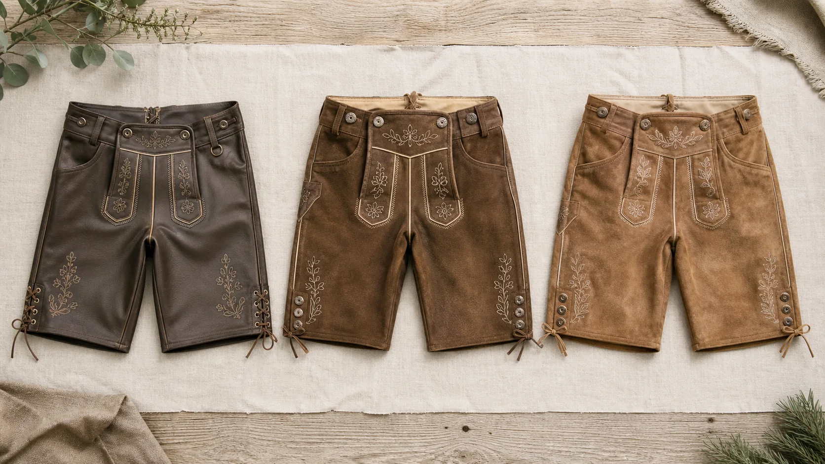 Three generic lederhosen categories arranged side by side with different leather textures and finishing detail