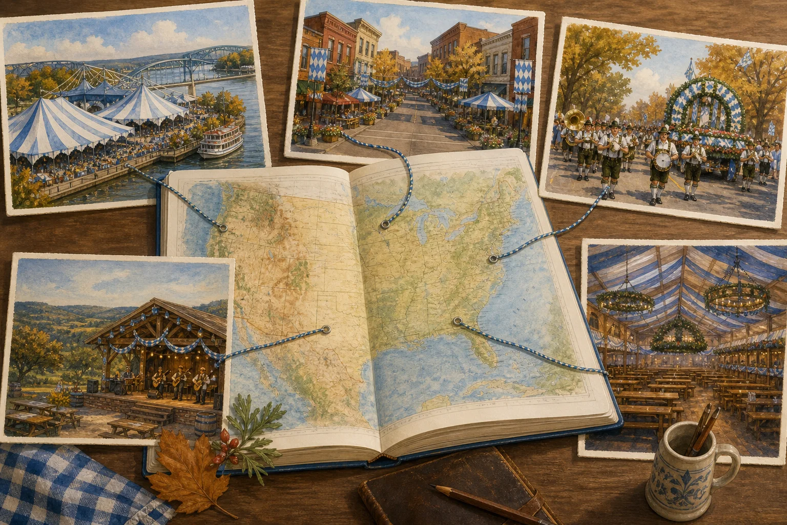 Conceptual travel atlas surrounded by riverfront, downtown, parade, Hill Country and indoor Oktoberfest scenes