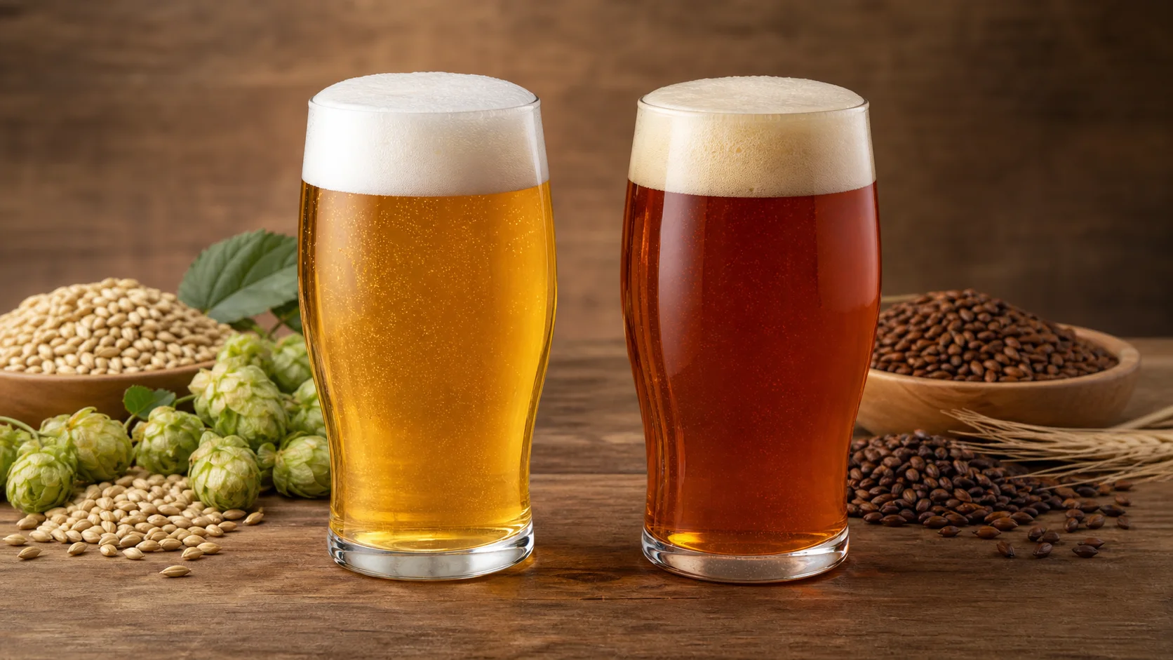 Pale golden lager and amber lager shown side by side with light and toasted malt