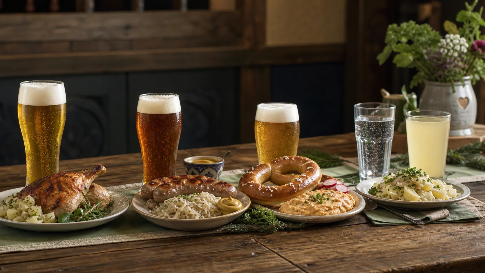 Golden and amber lager with roast chicken, sausage, pretzel, potatoes, water and an alcohol-free drink