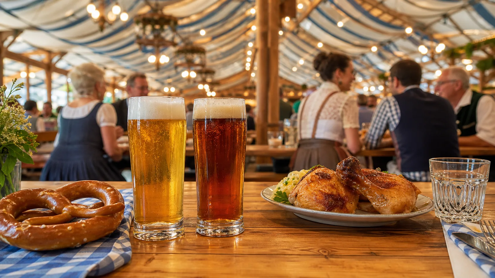 Golden and amber lager with pretzels, roast chicken and water on a communal festival table