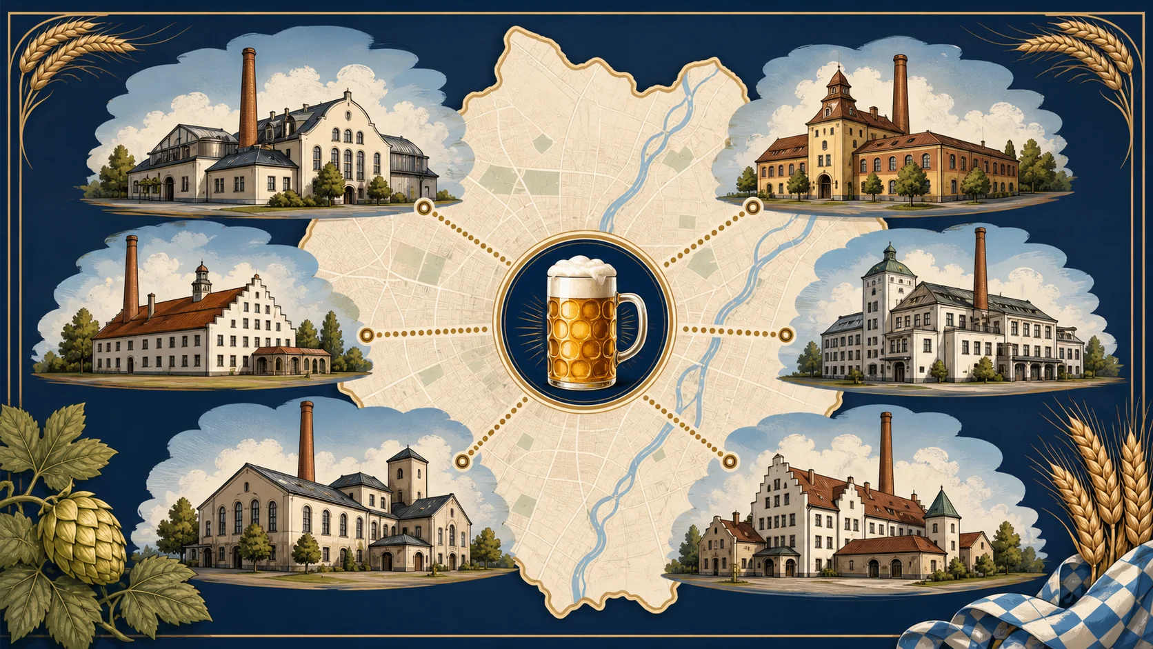 Six generic Munich brewery buildings connected to one central festival mug