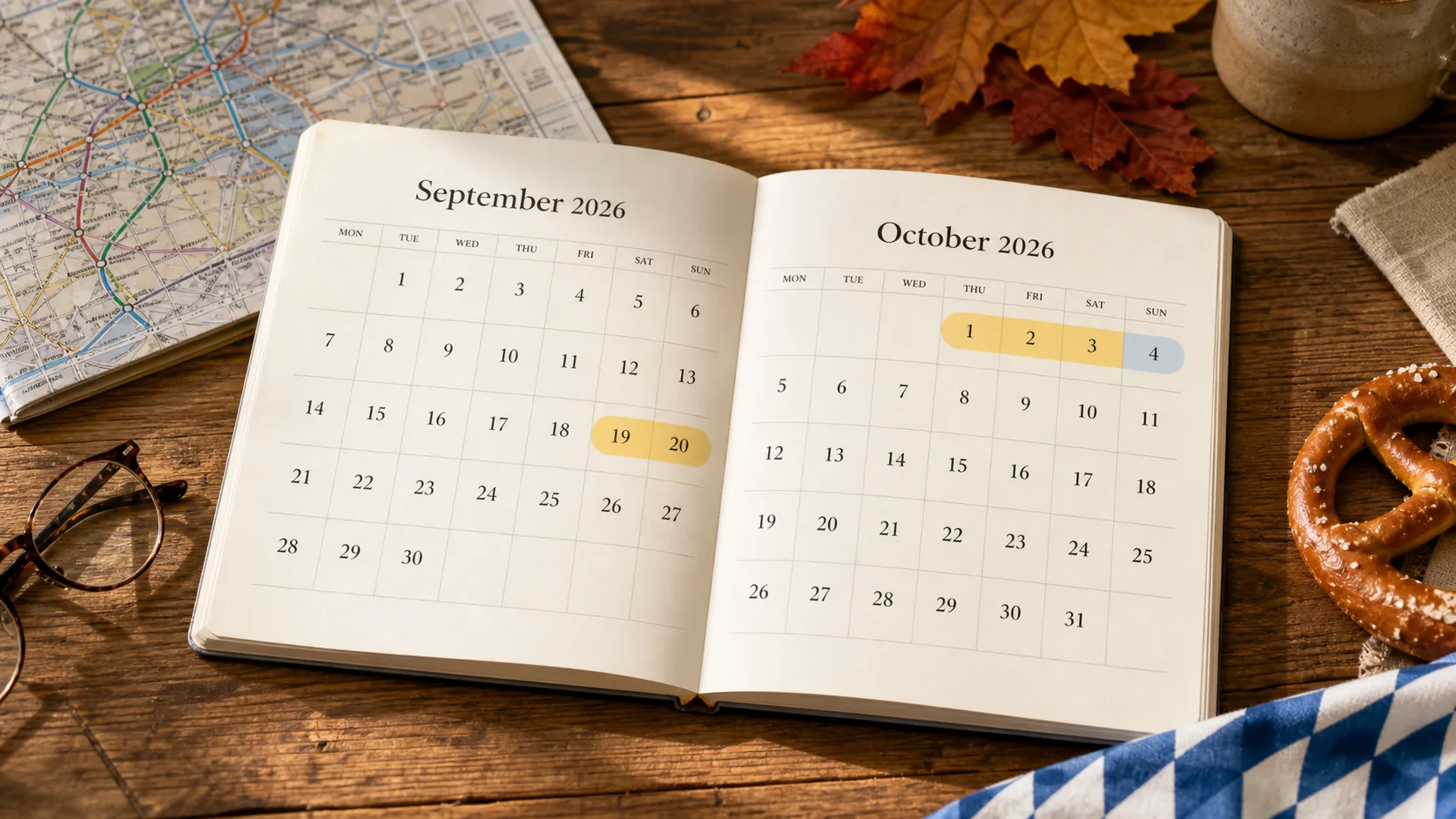 September and October 2026 calendars on a travel-planning desk with a map and autumn details