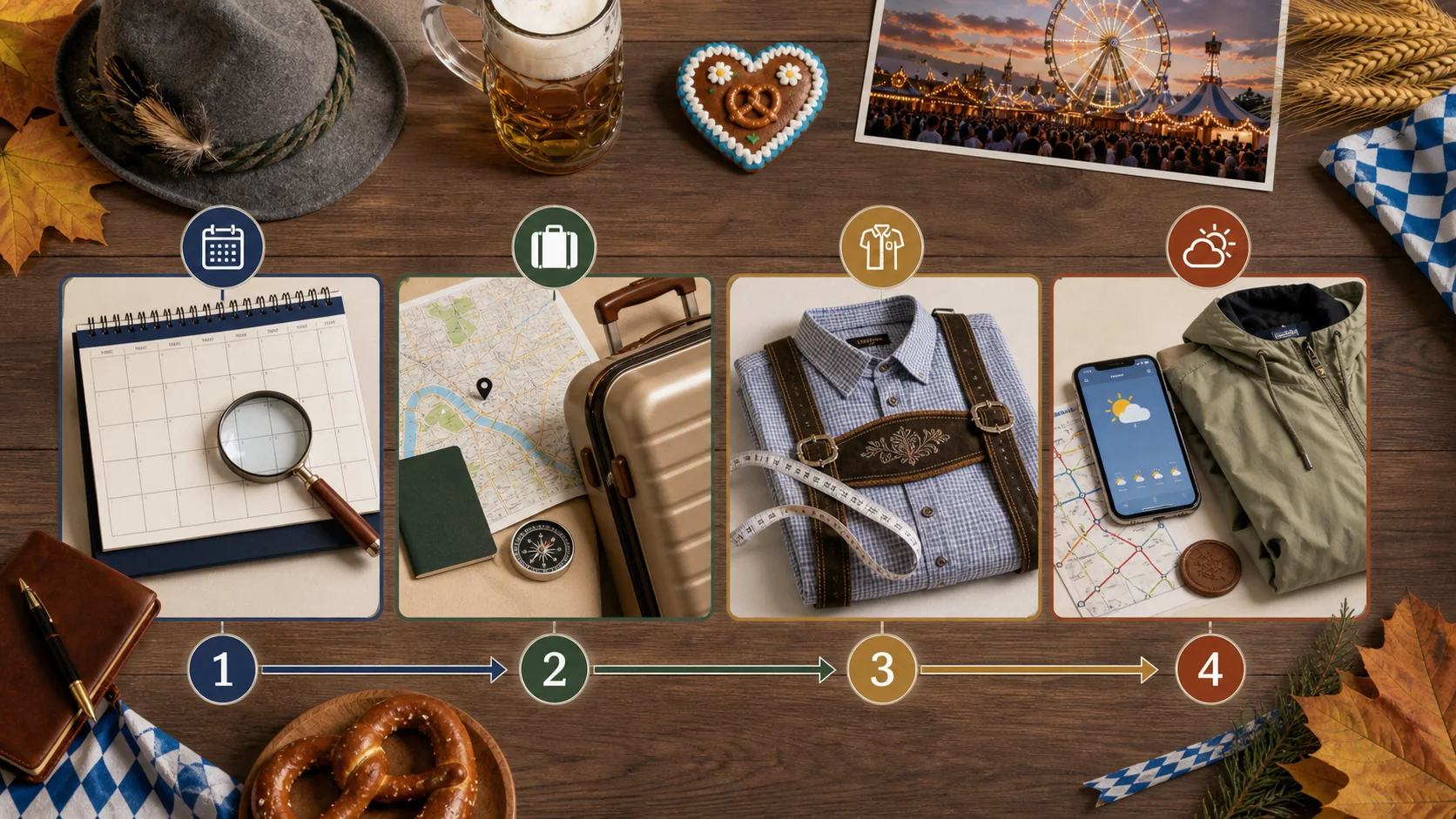 Four planning stages showing calendar verification, travel, outfit measurement and final weather check