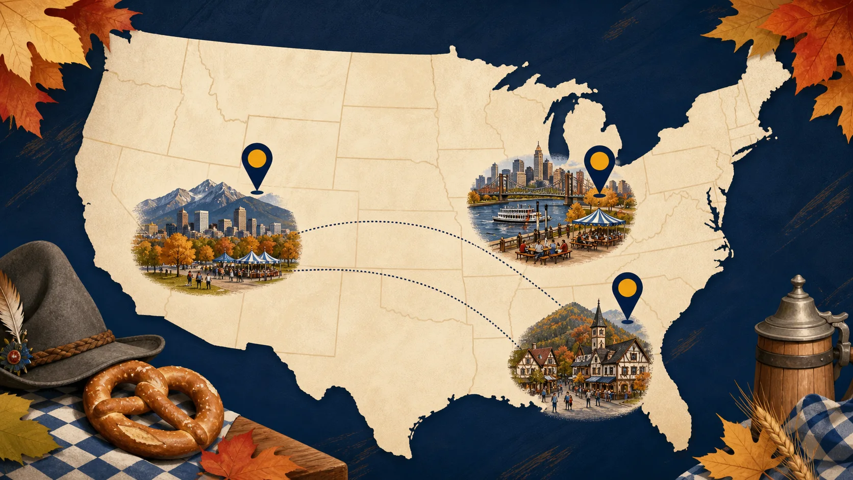 Conceptual US map with festival scenes representing Denver, Cincinnati and Helen
