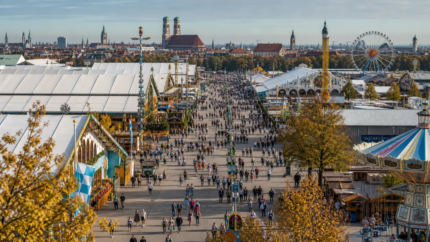 Illustrated overview of the Munich Oktoberfest fairground with tents, rides and the Bavaria statue
