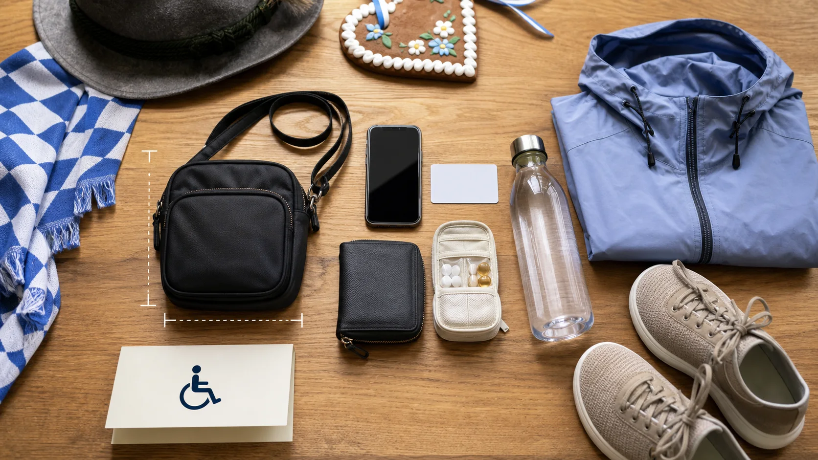 Small permitted-style day bag beside comfortable shoes, a light layer and accessibility planning notes