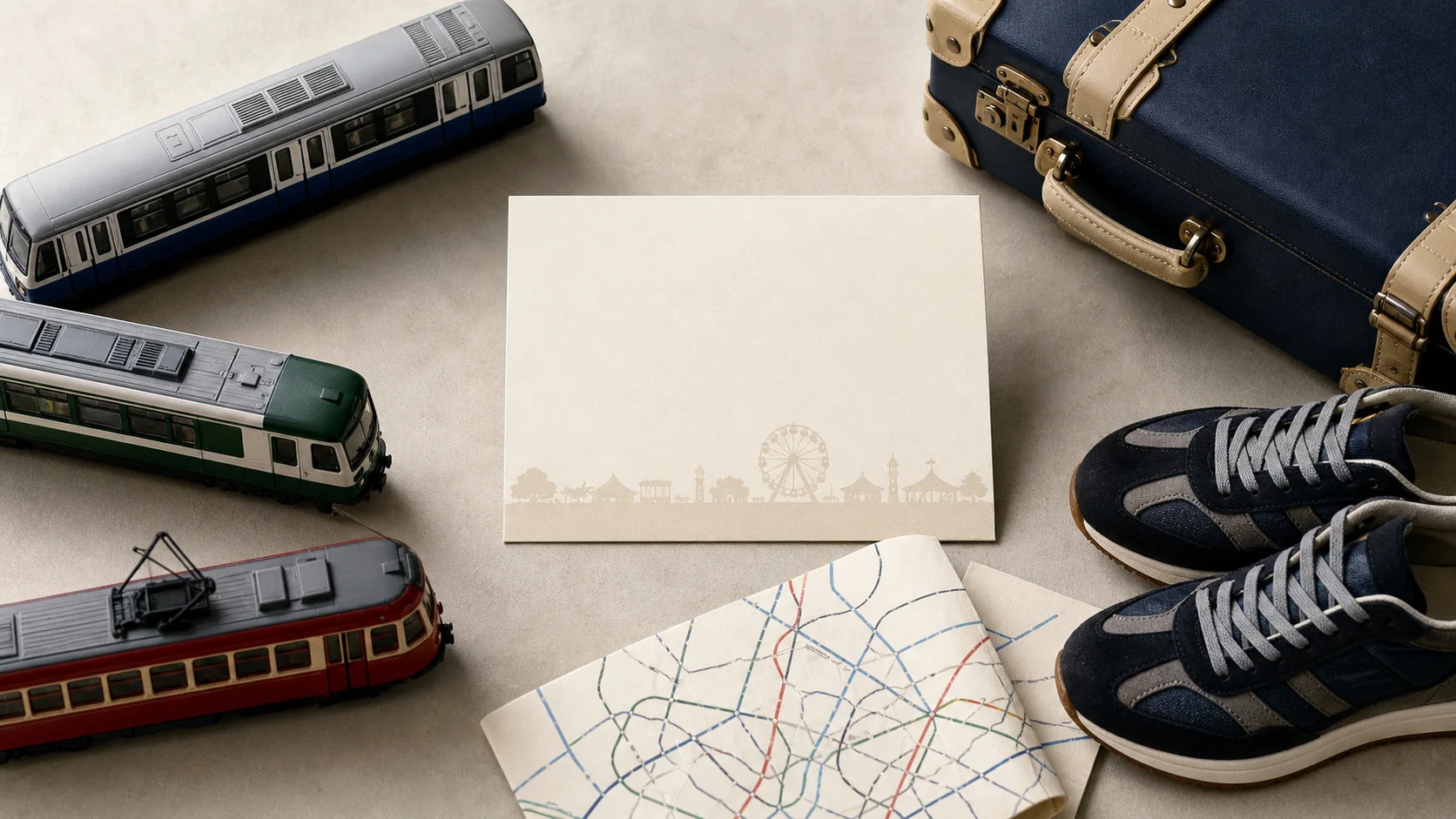 Conceptual travel flat lay with Munich transit map, walking shoes and small day bag
