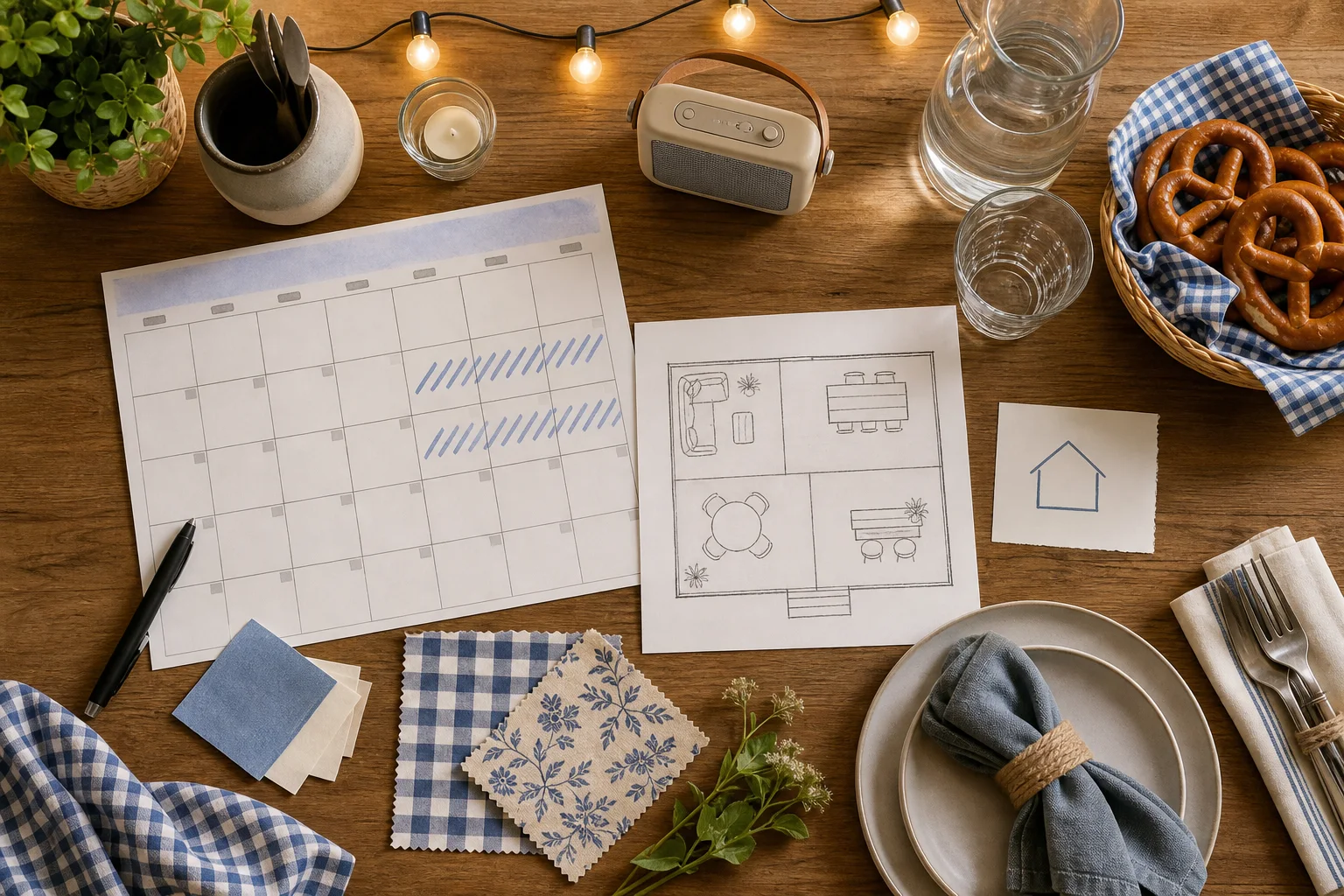 Overhead Oktoberfest party planning table with a blank calendar, four-zone layout sketch, table settings and weather-backup note