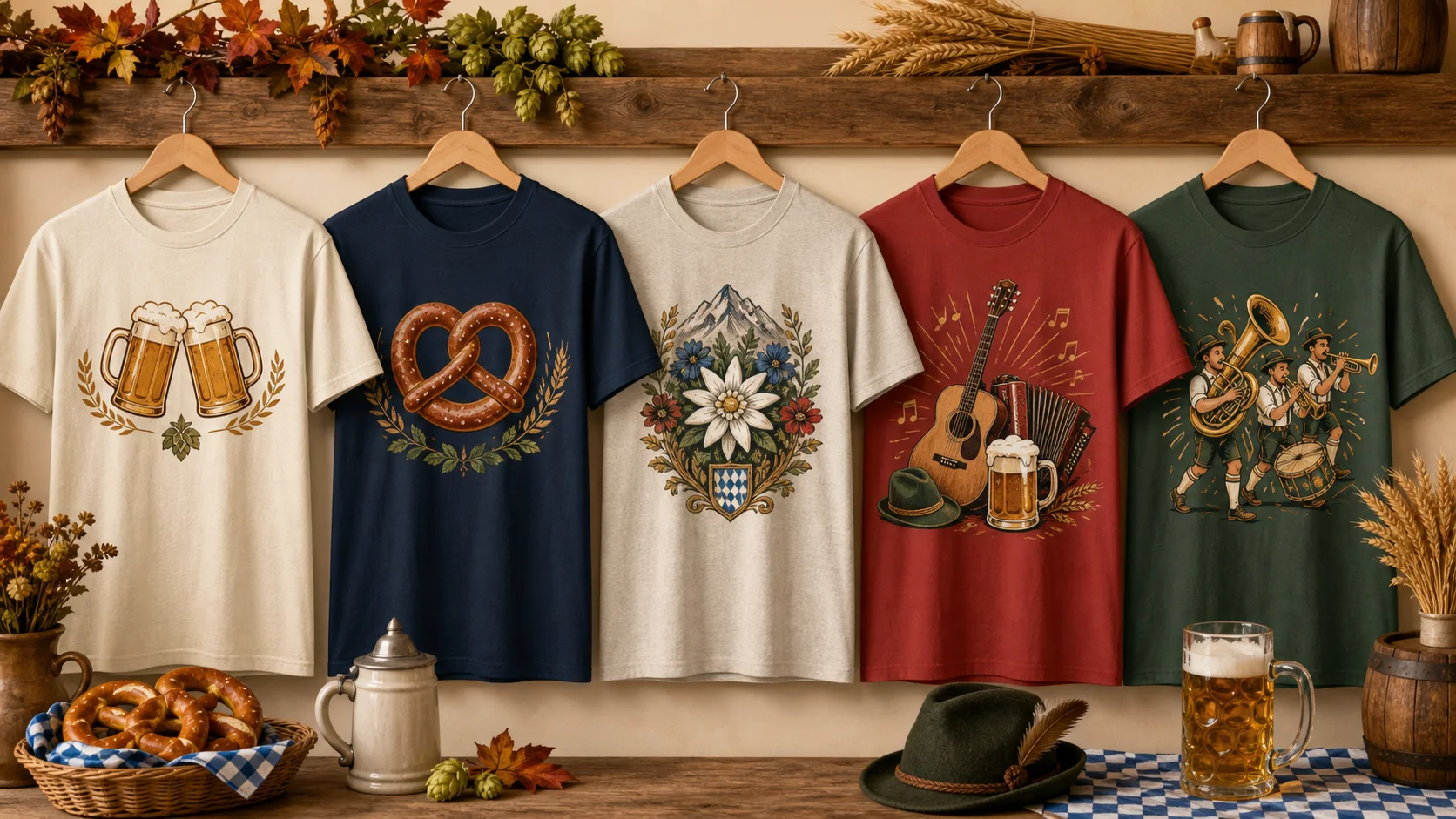 Five generic festival shirts showing stein, pretzel, alpine flower, music and brass-band design directions
